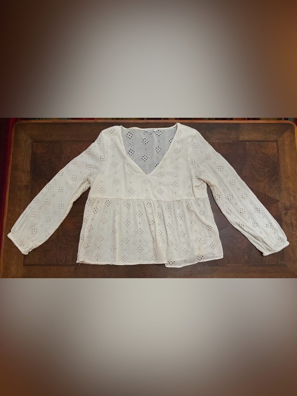 American Eagle Women's Cream Eyelet V-Neck Long Sleeve Top